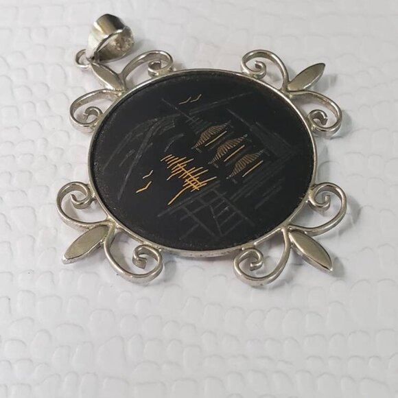 Vintage Damascene Asian Design Amita Sterling Silver Pendant - Picture 3 of 9